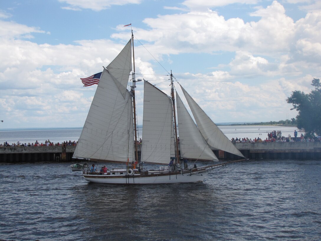 Modeled after an 1850s fishing schooner, the Zeeto enters the Duluth ship canal during the Tall Ships Parade July 25. Originally built in 1954 the ship sailed the Carribean for many years and recently has undergone extensive renovations.