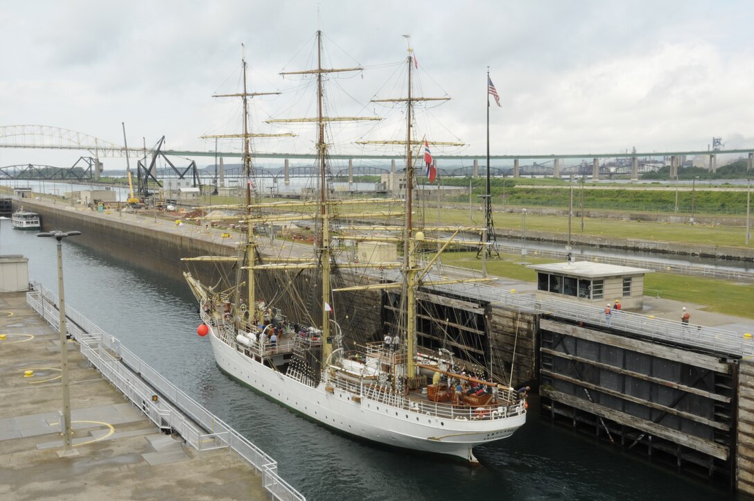 The Sorlandet, a tall ship from Norway, passes through the Poe Lock at the Soo Locks in Sault Ste. Marie, Mich., on its way to Duluth for the Tall Ships Festival. The Sorlandet is the oldest fully-rigged sailing vessel in the world.