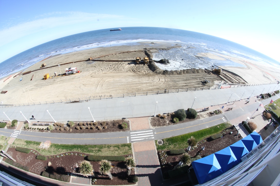 VIRGINIA BEACH, Va. -- An aerial view shows the beach renourishment area near 25th and 26th streets at the Oceanfront Jan. 10, 2013. The beach was 50- to 280-feet wide and dredged sand increased the beach to as much as 300 feet, with a minimum elevation of 8.5 feet. The work was part of the Virginia Beach Hurricane Protection and Beach Renourishment Project, which replenished 1,440,250 cubic yards of sand between 15th and 70th streets.