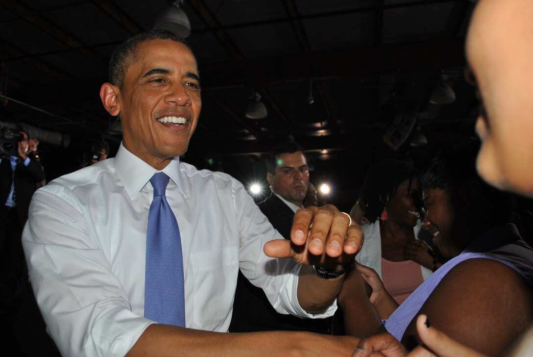 President Obama greets members of a standing-room-only audience at JAXPORT July 25. 