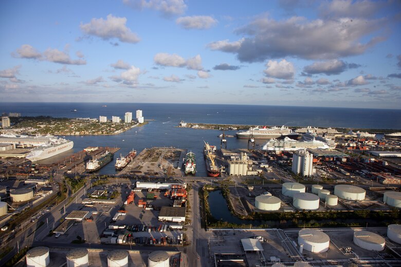 A view of operations at Port Everglades, where Jacksonville District is conducting a study to address the potential widening of the entrance channel and deepening of the navigation channel from its current 42 feet to a depth of 48 feet. 
