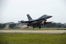KUNSAN AIR BASE, Republic of Korea – An 80th Fighter Squadron F-16 Fighting Falcon pilot takes flight, Aug. 6, 2013. This was one of the first flights for exercise Beverly Midnight 13-3, which tests ground and aircrew capabilities during a wartime scenario. (U.S. Air Force Photo by Staff Sgt. Tong Duong/Released)