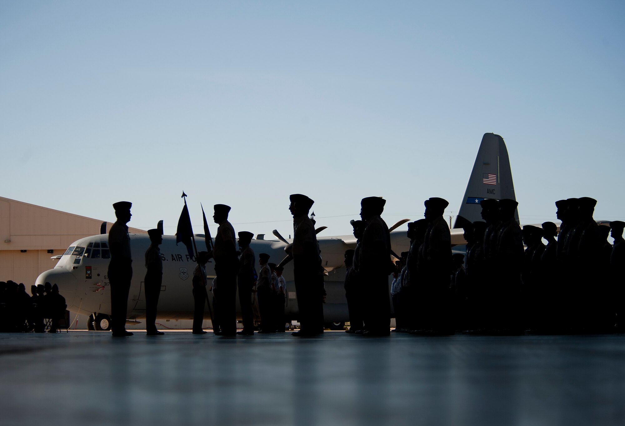 Members of the 317th Airlift Group stand in formation Aug. 5, 2013, during a change of command ceremony at Dyess Air Force Base, Texas. (U.S. Air Force photo by Airman 1st Class Damon Kasberg/Released)