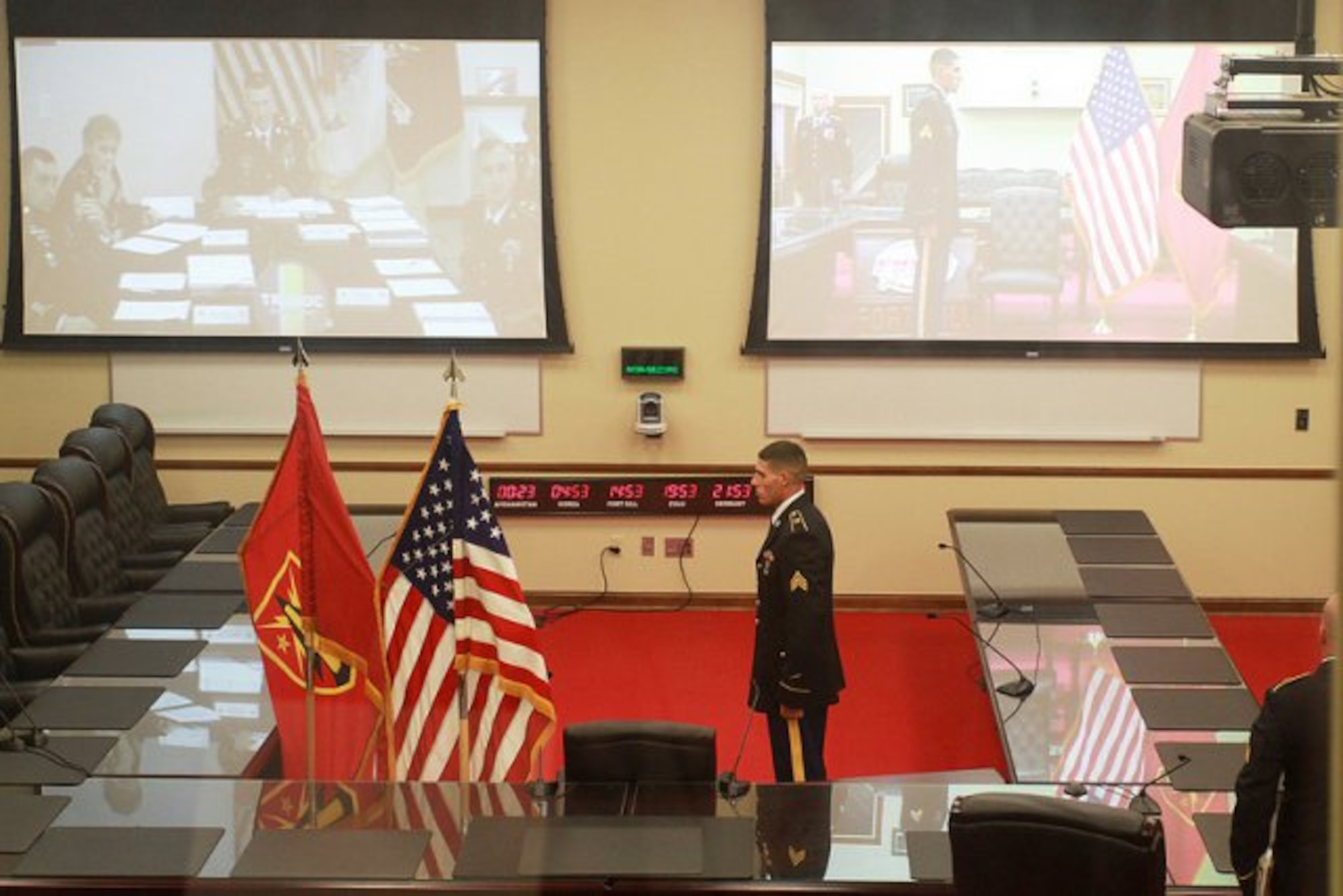 U.S. Army Sgt. Curtis Bittner, U.S. Army Training and Doctrine Command's 2013 Soldier of the Year, meets a selection board via video teleconference. Like all Soldiers competing for the coveted title of Soldier of the Year, Bittner completed events such as land navigation, media interviews, the Army Physical Fitness Test, a comprehensive test covering military knowledge, and proficiency in the 10 Warrior Tasks and Battle Drills and their nearly 60 subtasks. Assigned to B Battery, 2nd Battalion, 2nd Field Artillery, Bittner represented the Fires Center of Excellence at Fort Sill, Okla. (U.S. Army photo by Marie Berberea/Released)