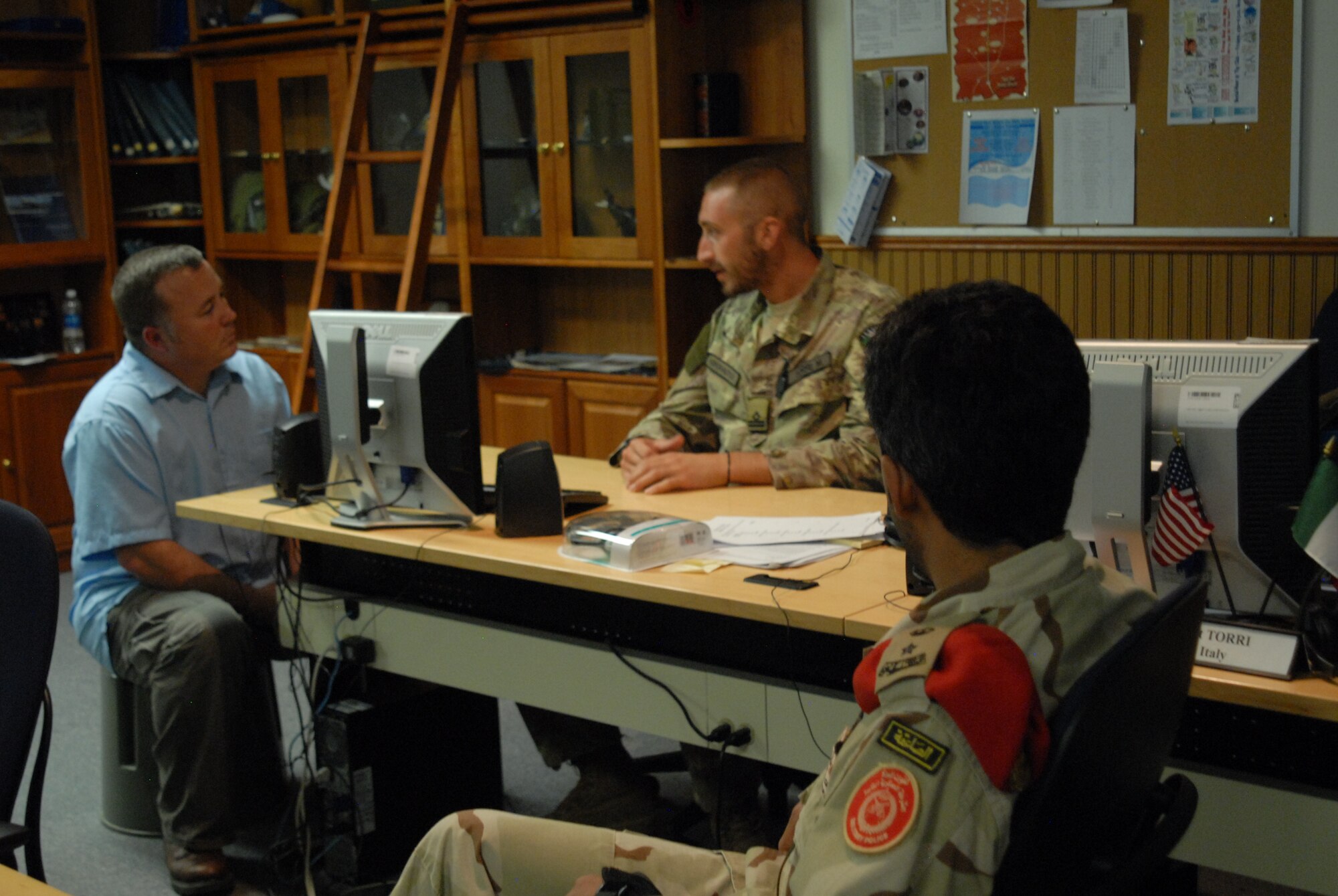 GOODFELLOW AIR FORCE BASE, Texas - - Italian air force officer 1st Lt. Mirko Torri, 315th Training Squadron international student, answers questions from Joseph Mather, 17th Training Wing Public Affairs, July 23.  Torri is attending the International Intelligence Applications Officer course at Goodfellow Air Force Base.  (U.S. Air Force photo/1st Lt. Leanne Hedgepeth)
