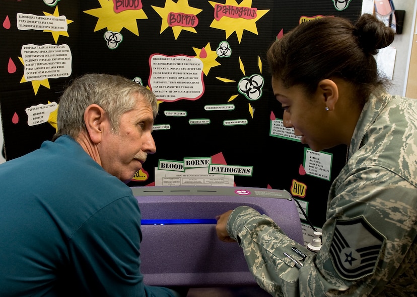 U.S. Air Force Master Sgt. Celeste Okokon, 7th Aerospace Medicine Squadron flight chief, demonstrates the importance of proper hand washing July 16, 2013, at Dyess Air Force Base, Texas. Outside of her daily responsibilities, Okokon volunteers in several organizations and events to improve quality of life at Dyess. (U.S. Air Force photo by Airman 1st Class Peter Thompson/Released)