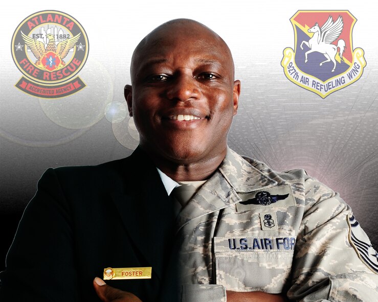 Chief Master Sgt. Robert Foster, 927th Aeromedical Staging Squadron superintendent, is also a battalion commander for the Atlanta Fire Rescue Department. Foster provides lifesaving services on a daily basis and uses what he has learned from both jobs to help better his ability to stay calm in high stress situations. (U.S. Air Force photo illustration by Senior Airman Melissa Paradise/released)