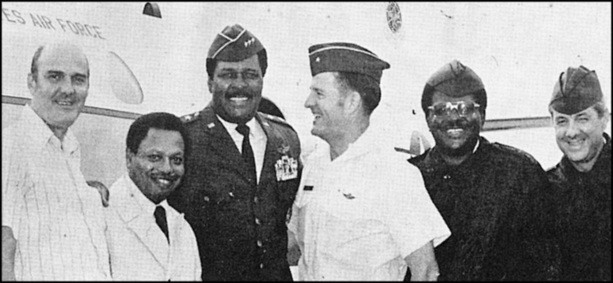 Lt. Gen. Daniel “Chappie” James, Jr. is greeted during his Aug. 1975 visit to Atlanta by Brig.
Gen. Cecil T. Jenkins, Dobbins Air Reserve Base commander, and a group of admirers. From
left are Ralph l. Bowers, Equal Employment Opportunity career development officer, Alonzo
Looney, EEO chief counselor, General James, General Jenkins and two of Dobbins’ top recruiters,
Master Sgt. Ed Dyer and Senior Master Sgt. Jim Knight. General James was enroute
to attend the National Urban League Convention. With his new assignment as Commander
in Chief, North American Air Defense Command, James will be the first black officer to attain
four-star rank. (Courtesy photo) Contributed by Tech Sgt. Jason Paseur, 94th Airlift Wing
Historian Office
