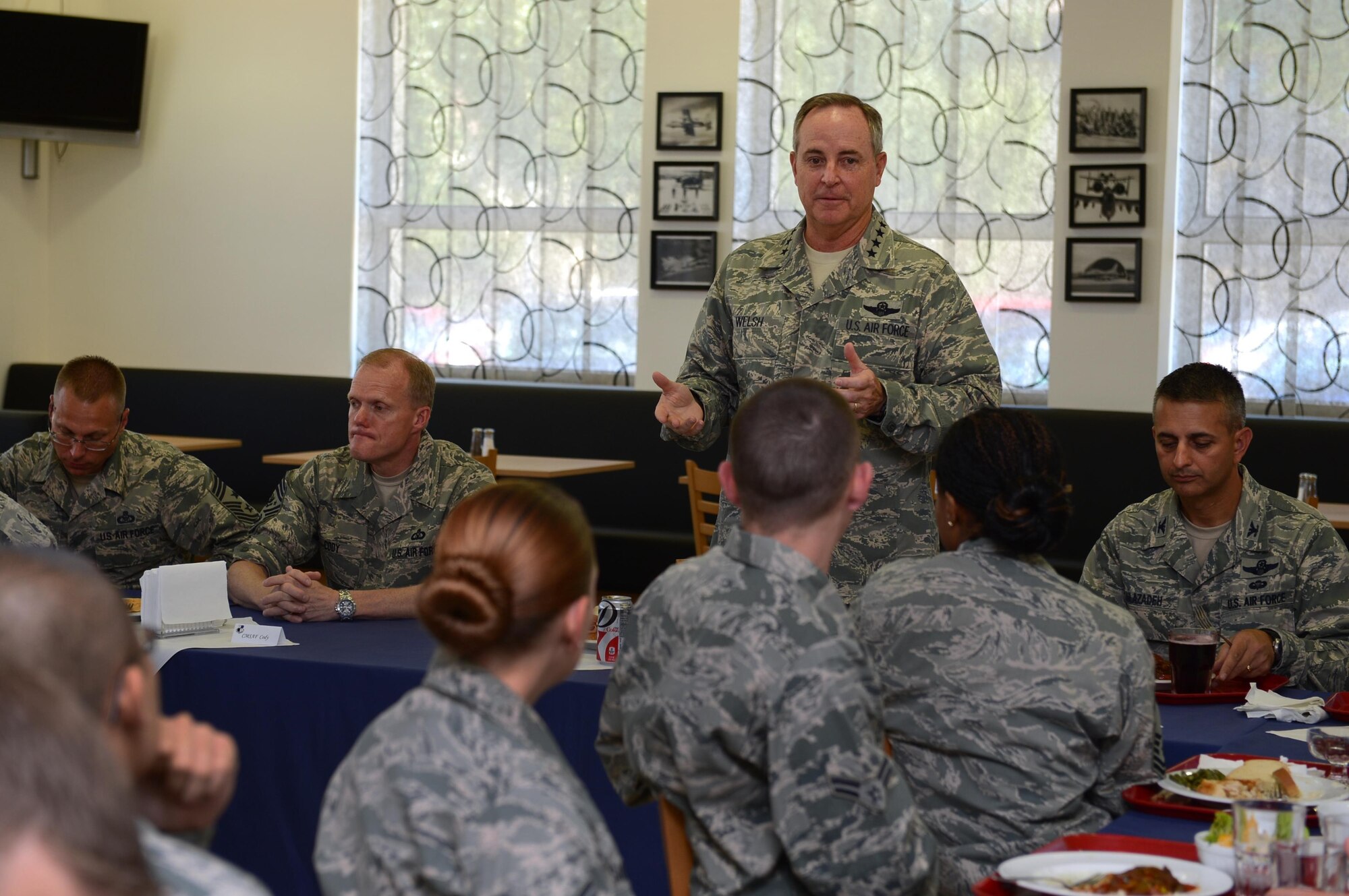 Air Force Chief of Staff Gen. Mark A. Welsh III speaks with Airmen at the Mosel Dining Hall Aug. 1, 2013. Welsh and Chief Master Sgt. of the Air Force James Cody answered questions from Spangdahlem Airmen about how the Air Force is evolving in today’s world. 