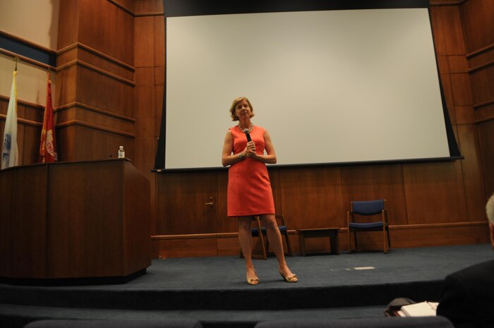 Former Navy pilot and clinical psychologist Dr. Heidi Kraft addresses Marine Corps University staff regarding post-traumatic stress disorder at the university’s faculty development conference July 18. 