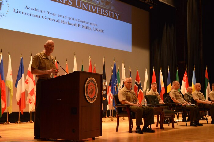 Lt. Gen. Richard P. Mills, commanding general of Marine Corps Combat Development Command, addresses this year’s Marine Corps University students at the school’s convocation Aug. 2, 2013, at Little Hall. 