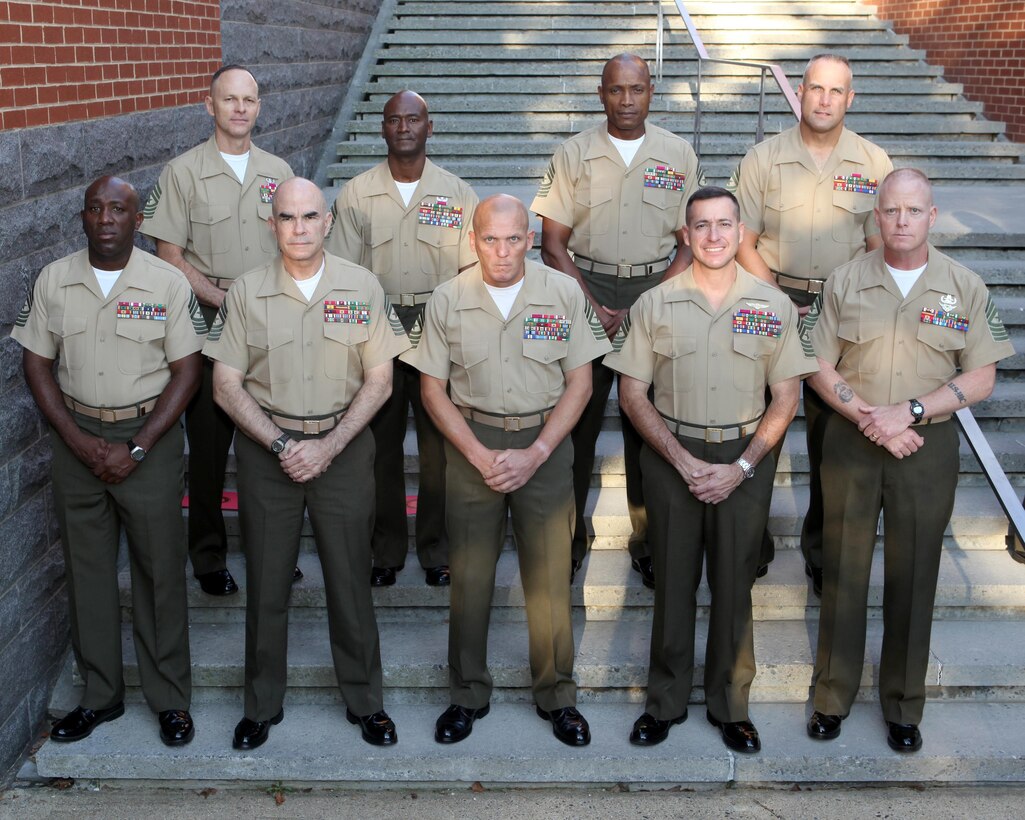 Sgt. Maj. Micheal P. Barrettt, the 17th Sergeant Major of the Marine Corps, and attendees of the 2013 Sergeant Major of the Marine Corps Symposium are photographed at Joint Base Fort Myer-Henderson Hall, Va., on Aug. 2, 2013. (U.S. Marine Corps photo by Sgt. Marionne T. Mangrum)