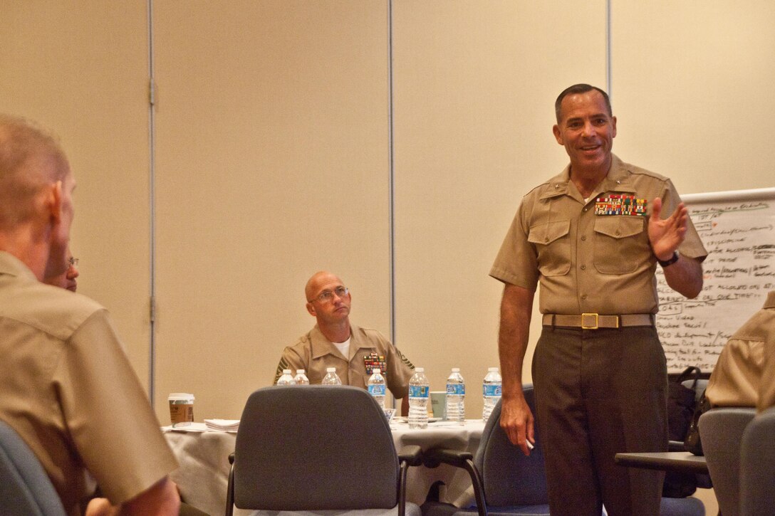 Brig. Gen. Paul K. Lebidine, commanding general, Force Headquarters Group, leads a discussion on the role of commanders in the fight against sexual assault as part of the 2013 Leadership Summit here, July 28. The summit served as an avenue to foster dialogue and interaction between higher headquarters and leadership in the field regarding sexual assault prevention and response. (U.S. Marine Corps photo by Lance Cpl. Kirstin Henning)