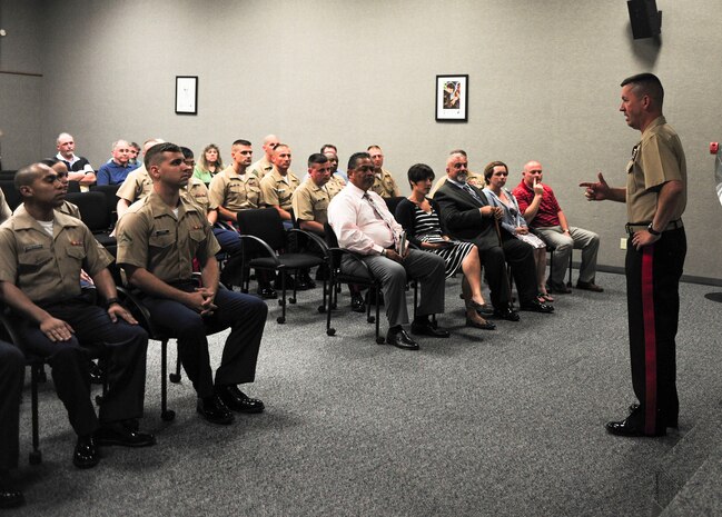 Brig. Gen. James Bierman, the commanding general of Marine Corps Recruit Depot San Diego and the Western Recruiting Region, addresses Marines at the 9th Marine Corps District Headquarters, Kansas City, Mo., Aug. 6. Bierman recently took command of MCRD San Diego/WRR.