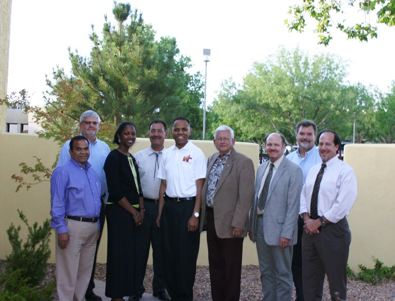 Col. Turner meets with stakeholders, (l-r):  
Subhas Shah, CEO/chief engineer, Rio Grande Conservancy District; Mike Hamman, area manager, Bureau of Reclamation; Lt. Col. Antoinette Gant, commander, USACE, Albuquerque District; Estevan Lopez, director, Interstate Stream Commission; Col. C. David Turner, commander, USACE, South Pacific Division; Larry Blair, engineer advisor, Eastern Sandoval County Arroyo Flood Control Authority; Scott Verhines, New Mexico state engineer; Rolf Schmidt-Peterson, Rio Grande Basin manager, Interstate Stream Commission; John D’Antonio, deputy district engineer, programs and project management, USACE, Albuquerque District.
