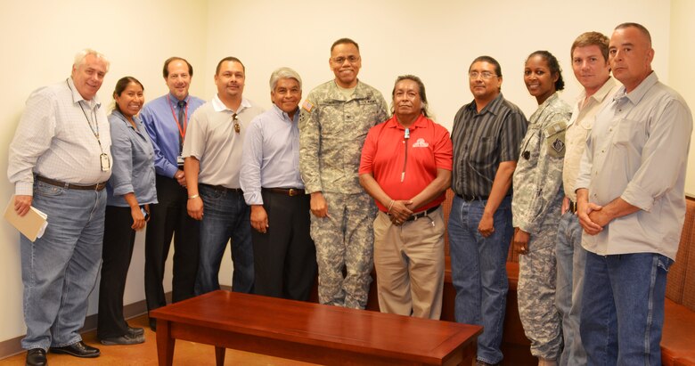 Col. Turner attending a partnering meeting with members of Santa Ana Pueblo and Pueblo de Cochiti, (l-r): Dr. Ron Kneebone, tribal liaison, USACE, Albuquerque District; Phoebe Suina, hydrologic consultant, Pueblo de Cochiti; John D’Antonio, deputy district engineer, programs and project management, USACE, Albuquerque district; Jacob Chavez, director of natural resources, Pueblo de Cochiti; Regis Pecos, former governor, Pueblo de Cochiti; Col. C. David Turner, commander, South Pacific Division; Bruce Tafoya, governor, Santa Clara Pueblo; Michael Chavarria, former governor, Santa Clara Pueblo; Lt. Col. Antoinette Gant, commander, USACE, Albuquerque District; Ryan Weiss, Consultant, Pueblo de Cochiti; Matt Tafoya, deputy director, forestry department, Santa Clara Pueblo.