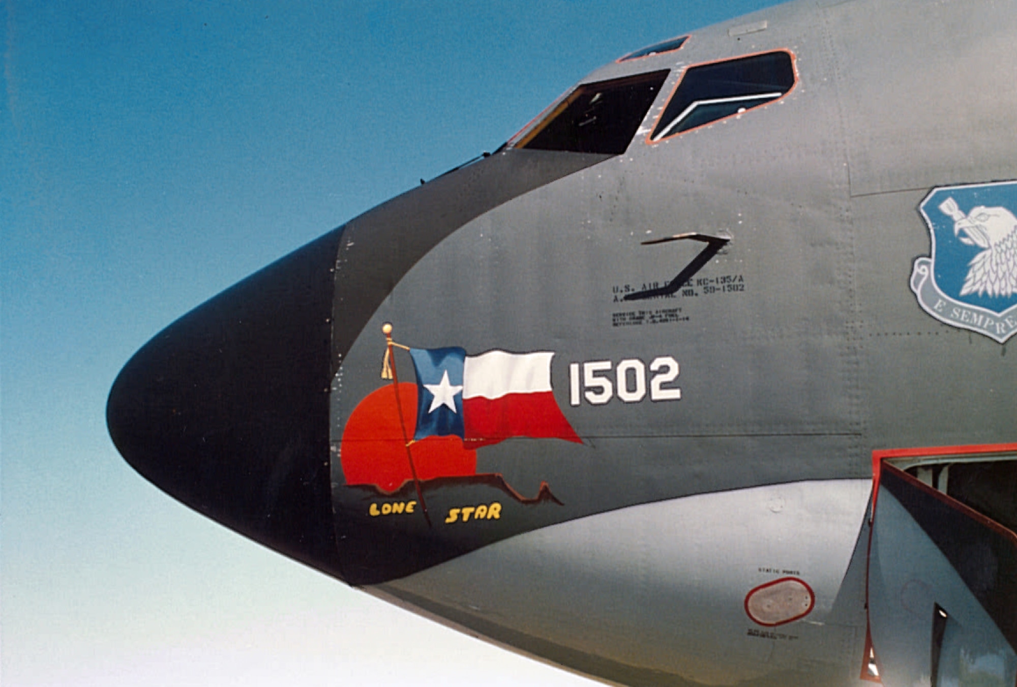A KC-135 Stratotanker displays the Texas flag on the left side of its body during Operation Desert Storm at Incirlik Air Base, Turkey.  This denotes that the aircraft was from the 917th Air Refueling Squadron at Dyess Air Force Base, Texas. (Courtesy photo)