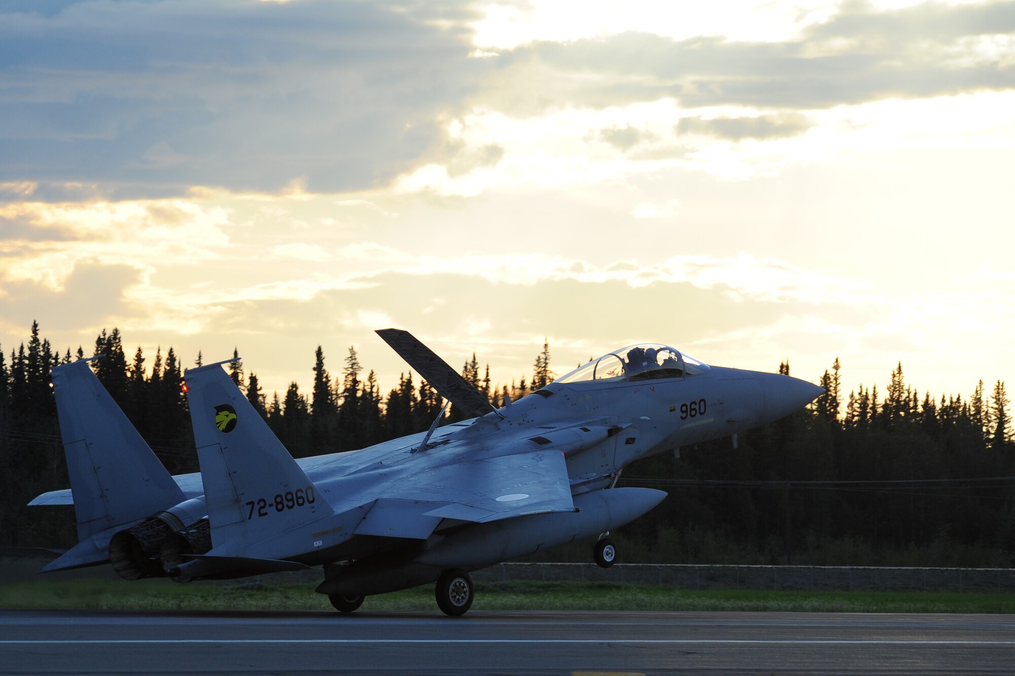 An F-15 Eagle from the Japan Air Self Defense Force arrives for RED FLAG-Alaska 13-3 Aug. 4, 2013, Eielson Air Force Base, Alaska. RF-A is a series of Pacific Air Force commander-directed field training exercises for U.S. and multi-national forces and provides joint offensive counter-air, interdiction, close air support and large force employment training in a simulated combat environment. (U.S. Air Force photo by Staff Sgt. Jim Araos/Released)