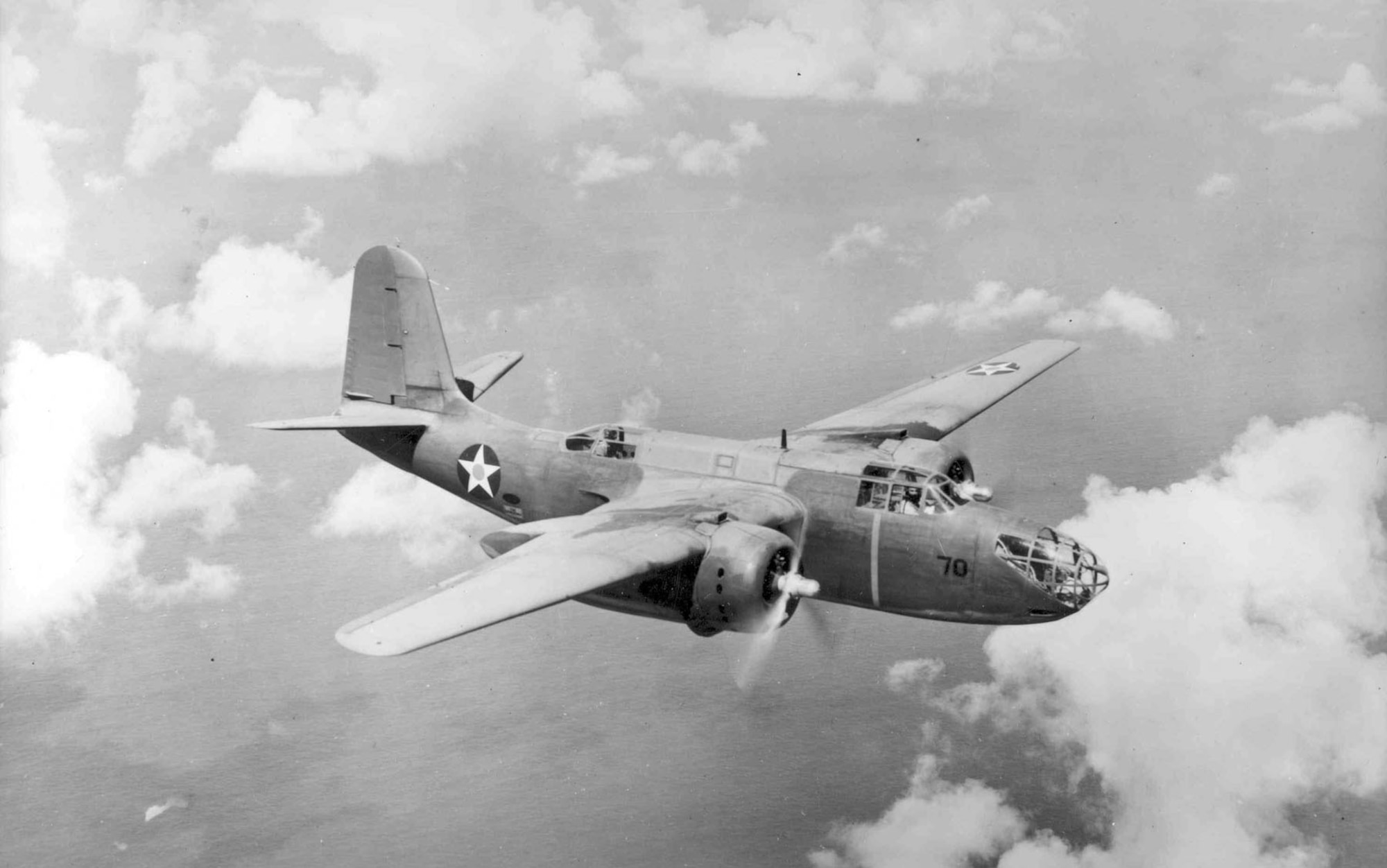 The 35th Photographic Reconnaissance Squadron flew a single Douglas A-20 Havoc, and two of the similar Douglas DB-7, light attack bombers in the photographic reconnaissance role in 1943, and during the Oregon Maneuver.  The squadron flew in support of the Blue Forces during the maneuver, and afterward re-equipped with the Lockheed F-5 Photo Lightning before it deployed overseas to China in 1944 to perform the photo recon mission.  This early-model A-20A was flown by the 58th Bomb Squadron and is pictured over Oahu, Hawaii on May 29, 1941. (U.S. Air Force Photo)