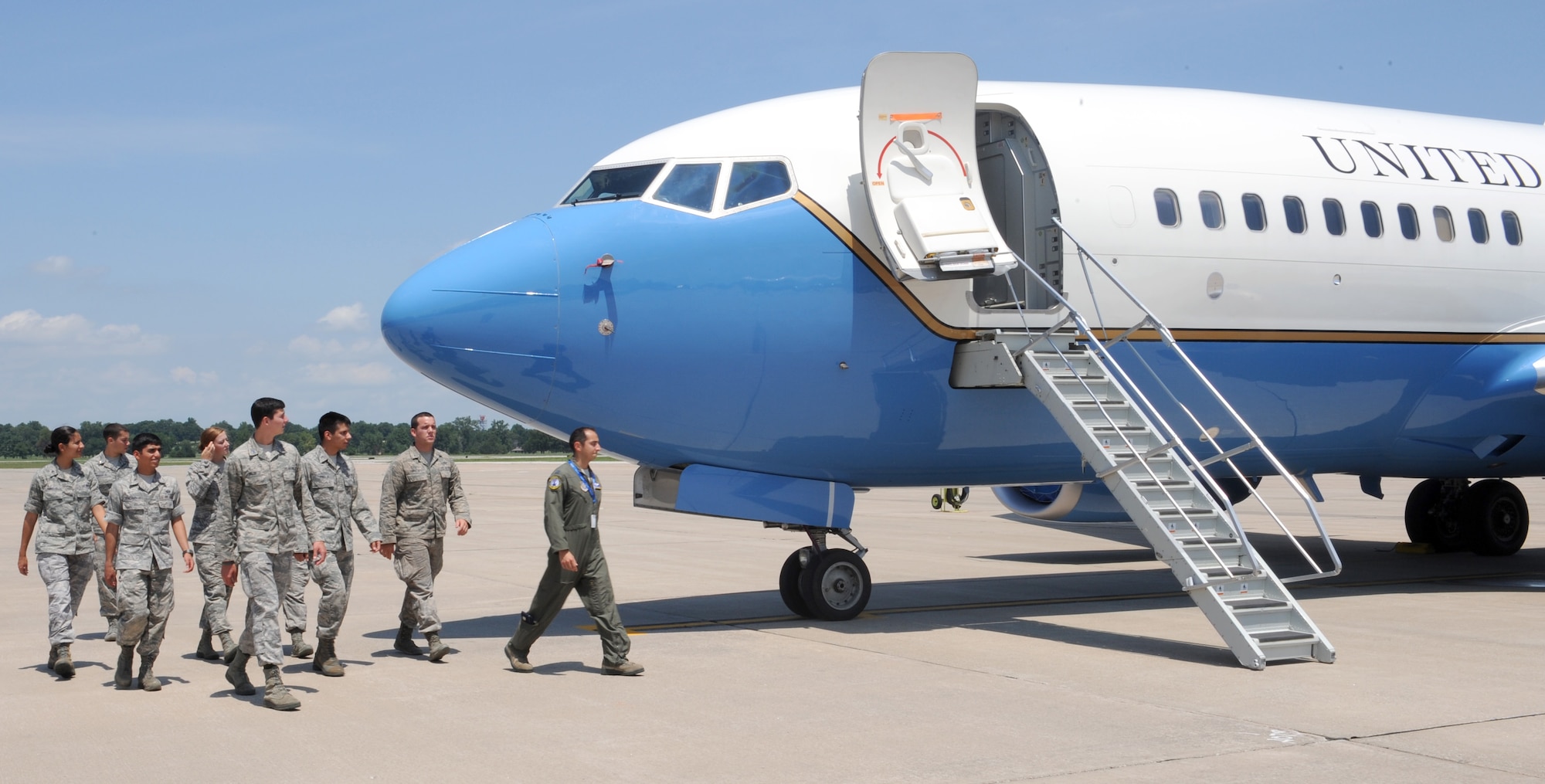 U.S. Air Force Academy cadets receive a tour of a U.S. Air Force C-40C aircraft at Scott AFB July 23, 2013. The C-40C provides safe, comfortable and reliable transportation for U.S. leaders to locations around the world. The C-40C customers include members of the Cabinet and Congress. The aircraft also performs other operational support missions. (U.S. Air Force photo by Staff Sgt. Maria Bowman)