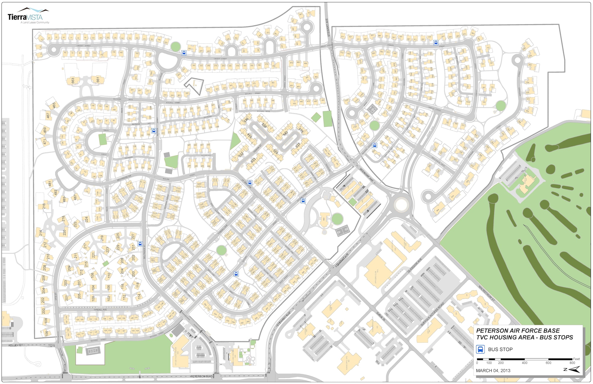 PETERSON AIR FORCE BASE, Colo. – The new bus stops in housing will give school kids shelter while waiting for the bus. The eight stops are located near Langley and Selfridge Street, Selfridge Street and Selfridge Way, Otis and Selfridge Street, McChord and Minot Way, McChord and McGuire, McGuire and Perrin, McChord and Cape Cod, and Langley and Cape Cod. (U.S. Air Force graphic)