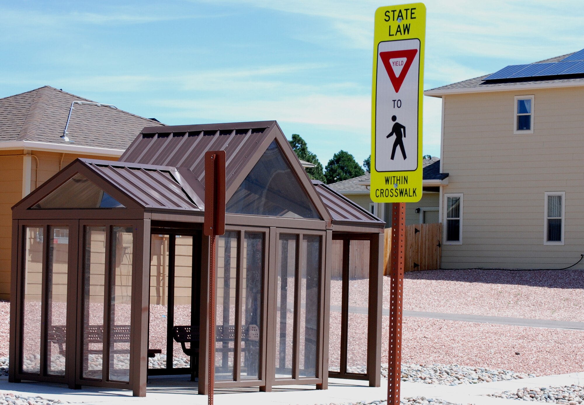 PETERSON AIR FORCE BASE, Colo. – The new bus stops in housing will give school kids shelter while waiting for the bus. The eight stops are located near Langley and Selfridge Street, Selfridge Street and Selfridge Way, Otis and Selfridge Street, McChord and Minot Way, McChord and McGuire, McGuire and Perrin, McChord and Cape Cod, and Langley and Cape Cod. (U.S. Air Force photo/Michael Golembesky)