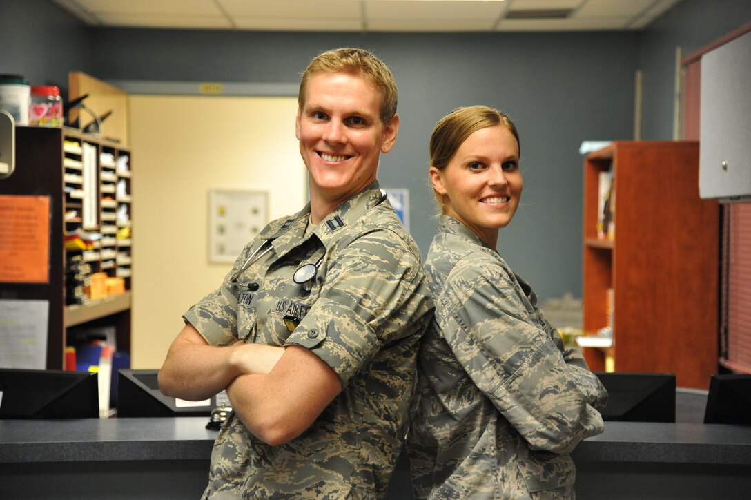 Capt. (Dr.) Robert Bolten and Capt. (Dr.) Rebecca Slogic are two new pediatricians at the 377th Medical Group's Pediatric Clinic. (Photo by Ken Moore)