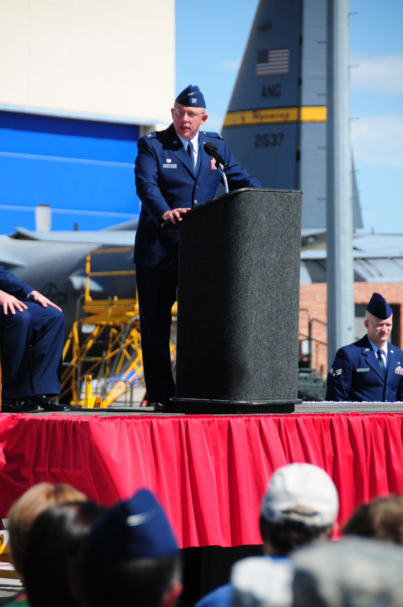 Col. Peter L. "Pete" Linde, 153rd Maintenance Group commander, addresses a gathered audience for the 153rd Mission Support Group change of command ceremony Aug. 4, 2013 at the Wyoming Air National Guard Base, Cheyenne, Wyo. Linde assumed command after .  (U.S. Air National Guard photo by Capt. Rusty Ridley)