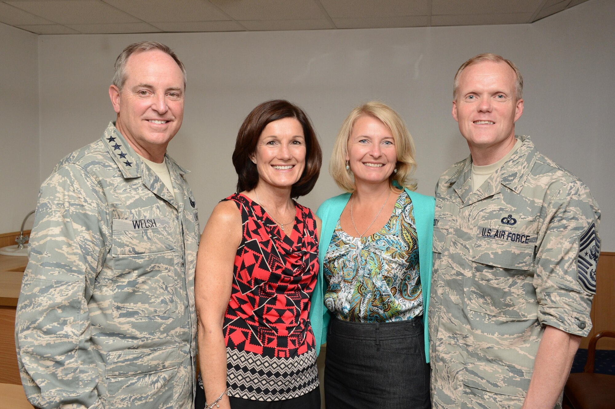 SPANGDAHLEM AIR BASE, Germany – Air Force Chief of Staff Gen. Mark A. Welsh III, Chief Master Sgt. of the Air Force James Cody along with their spouses met with Airmen and military spouses during a brief familiarization tour Aug. 1, 2013.Their visit to Spangdahlem included base tour, lunch with Airmen and military spouses, as well as an Airmen’s all call. (U.S. Air Force photo by Airman 1st Class Kyle Gese/Released)