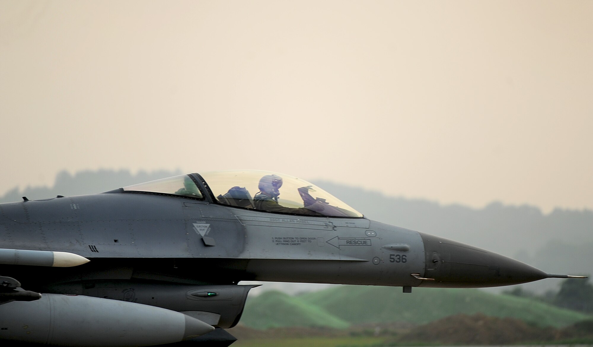 An F-16 Fighting Falcon from the 36th Fighter Squadron taxis down the flight line before taking off as one of the  combat sorties of Operational Readiness Exercise Beverly Midnight 13-03 at Osan Air Base, Republic of Korea, Aug. 6, 2013. The week-long exercise tests Airmen’s abilities during a heightened state of readiness while providing combat ready forces for close air support, air strike control, forward air control-airborne, combat search and rescue, counter air and fire, and interdiction in the defense of the ROK. (U.S. Air Force photo/Staff Sgt. Sara Csurilla)