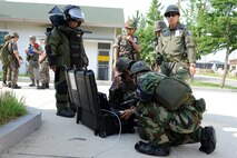 KUNSAN AIR BASE, Republic of Korea – Republic of Korea air force, 38th Fighter Group explosive ordinance disposal team members, prepare to X-ray a suspicious package outside the ROKAF medical campus during exercise Beverly Midnight 13-3, Aug. 5, 2013. U.S. Air Force and ROKAF Exercise Evaluation Team members observed the EOD team members. (U.S. Air Force Photo by Staff Sgt. Tong Duong/Released)