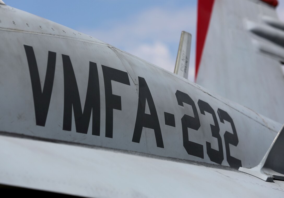 An F/A-18C Hornet with Marine Fighter Attack Squadron 232 sits on the flight line aboard Mountain Home Air Force Base, Idaho, July 24. The squadron conducted rapid embarkation training during their time in Idaho.