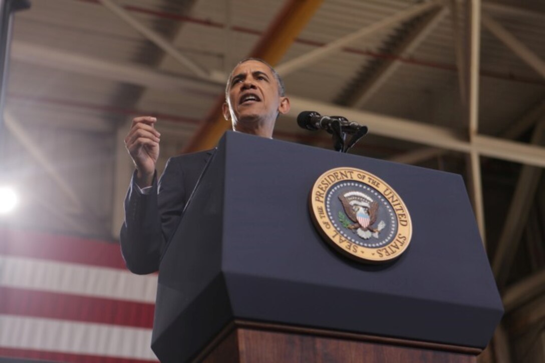 President Barack Obama speaks on a variety of topics while visiting Marines, sailors and families aboard Marine Corps Base Camp Pendleton, Calif., Aug. 7, 2013. Throughout the speech, Obama regarded servicemen and women as the generation that will write the next chapter of America.