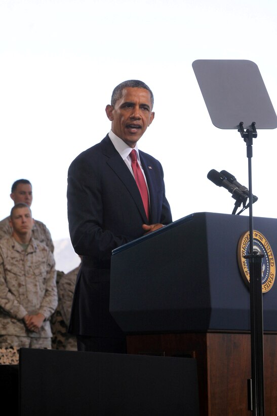 Commander in Chief, Barack Obama, addresses service members at the Marine Corps Air Station Camp Pendleton Aug.7. During his visit he spoke about a number of topics including the war in Afghanistan and the Wounded Warrior Program.