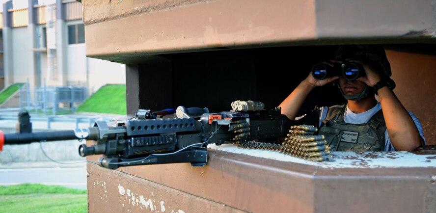 Airman 1st Class Robert Roland, 51st Security Forces Squadron entry controller, looks at his guard zone through binoculars during Operational Readiness Exercise Beverly Midnight 13-03 at Osan Air Base, Republic of Korea, Aug. 7, 2013. Throughout the ORE, 51st SFS members participate in many different scenarios that test their ability to fight and win tonight. (U.S. Air Force photo/Senior Airman Siuta B. Ika)