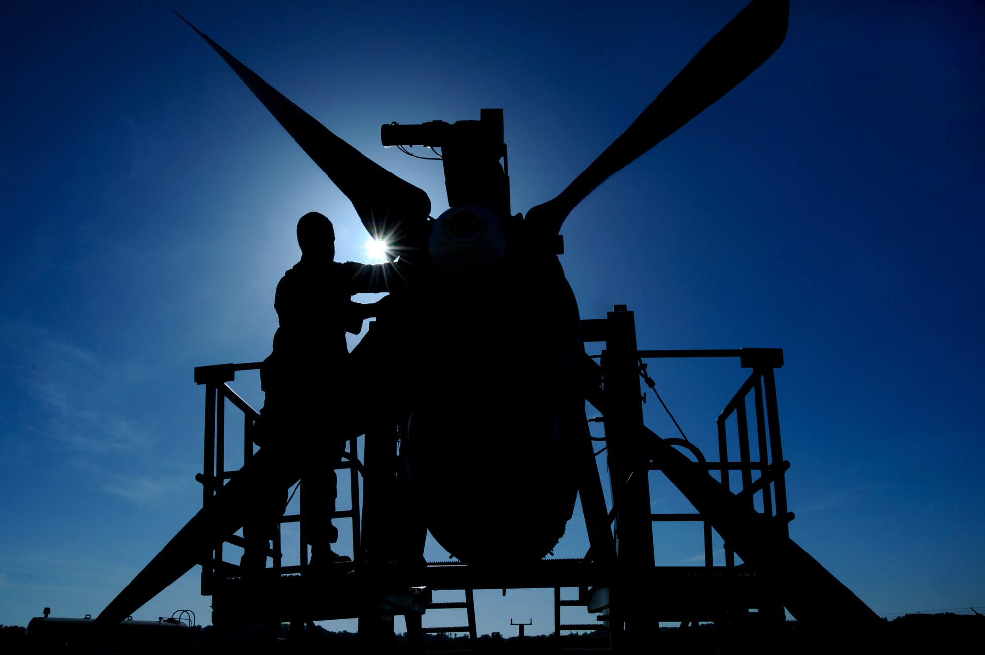 PITTSBURGH IAP ARS-- Staff Sgt. Joel Sterniak, 911th Maintenance Squadron aerospace propulsions technician, installs a propeller onto a C-130 engine test cell, July 14, 2013 at the Pittsburgh International Airport Air Reserve Station. Prior to being marked serviceable, engines and propellers are tested after all repairs to ensure they meet operational standards. The mission of the 911th Airlift Wing is to ensure the highest level of operational readiness thereby allowing rapid mobilization in support of global National Security objectives. (U.S. Air Force photo by Senior Airman Joshua J. Seybert)