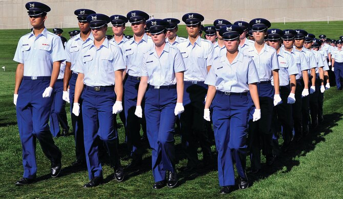 Basic cadets march onto the Stillman Parade Field at the Air Force Academy Aug. 6, 2013. Approximately 1,150 cadets who completed Basic Cadet Training, out of roughly 1,200 who entered BCT in June. (U.S. Air Force photo/Sam Lee)