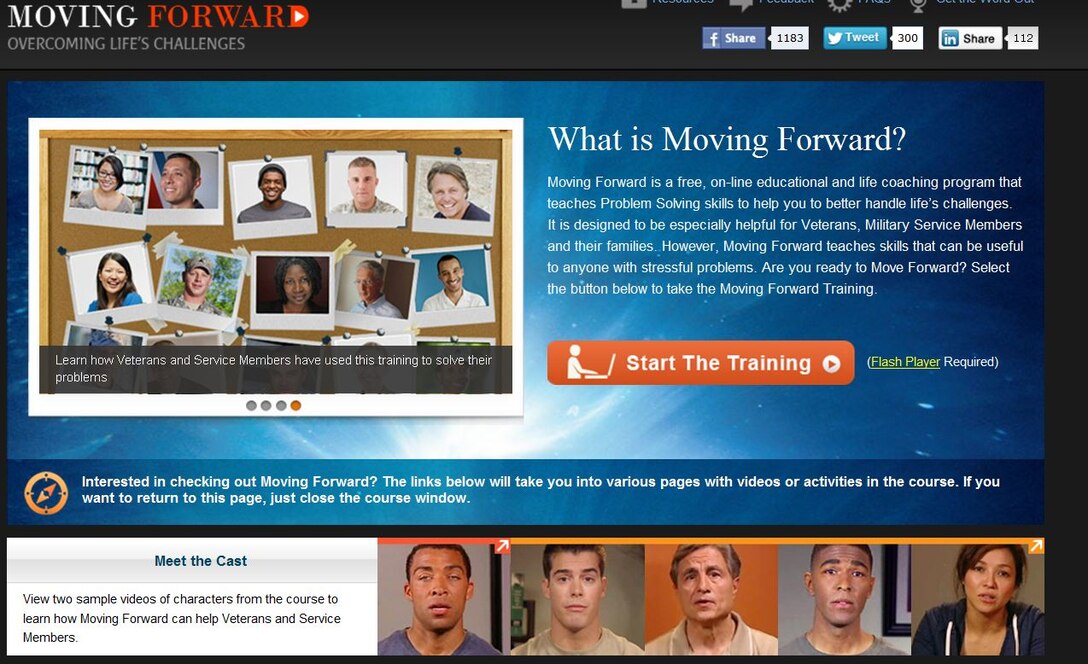 Screengrab of the "Moving Forward" website, designed to help servicemembers find ways to overcome challenges, stress and depression. 