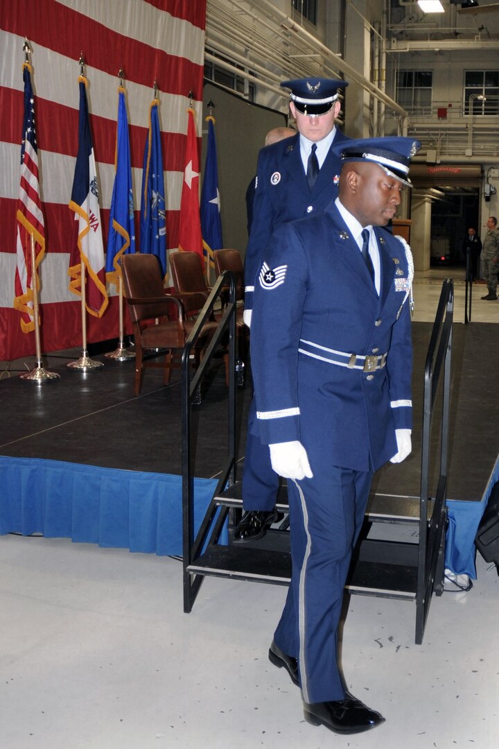Tech. Sgt. Patrick Kazeze performs duty in the 132nd Fighter Wing Honor Guard during the 2012 Annual Awards Ceremony held in the hangar of the 132FW in Des Moines on Nov. 3, 2012.