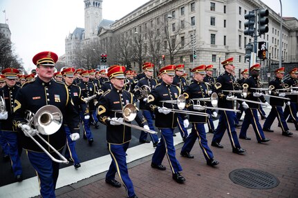 The U.S. Army Band marches down Pennsylvania Avenue on Jan. 13, 2013, during the dress rehearsal of the presidential inaugural parade in Washington D.C.