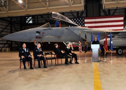 Port of Portland Executive Director Bill Wyatt speaks to attendees at the Port of Portland lease signing ceremony held at the Portland Air National Guard Base on Jan. 16, 2013. The 50-year lease agreement allows the Oregon Air National Guard's 142nd Fighter Wing to continue operations at the Portland International Airport.