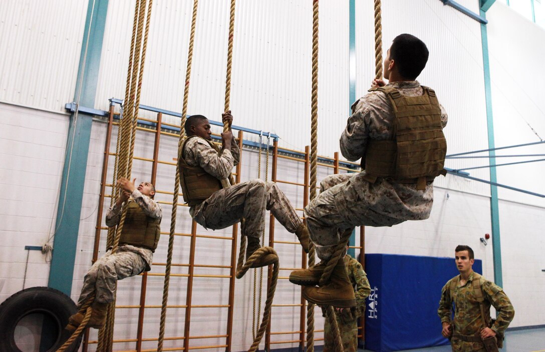 Marines with Marine Rotational Force - Darwin climb a rope as part of a Combat Fitness Leadership Course Barrier Test at the Northern Gym, here, July 30. This was one of seven different exercises participants had to complete. The top two Marine performers in the barrier test will attend the month-long CFLC.