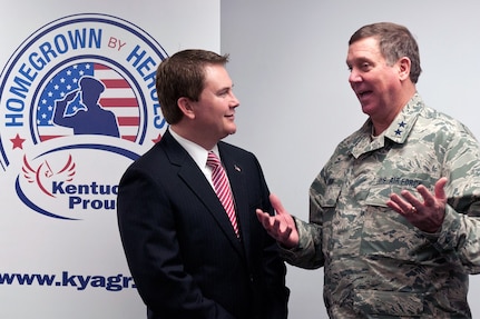 Kentucky Agriculture Commissioner James Comer, shown with Maj. Gen. Edward W. Tonini, the state adjutant general, announced two new initiatives to benefit Veterans and military farmers during a press conference at Boone National Guard Center in Frankfort, Ky., Jan. 22, 2013.