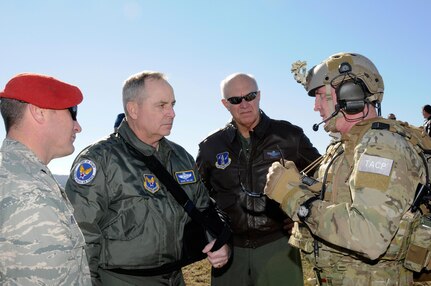 Lt. Col. Mike Flatten, 22nd Special Tactics Squadron; Air Force Chief of Staff Gen. Mark Welsh; Lt. Gen. Harry Wyatt, director of the Air National Guard; and a Special Operations JTAC discuss the training capabilities at the 188th Fighter Wing's Detachment 1 Razorback Range at Fort Chaffee, Ark., Jan. 18, 2013.