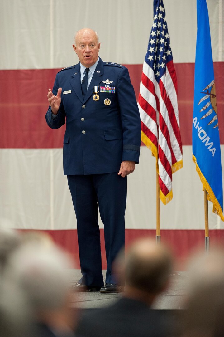 Air Force Lt. Gen. Harry M. Wyatt III, the director of the Air National Guard, addresses the audience during his retirement ceremony Jan. 29, 2013, at Joint Base Andrews, Md. Wyatt retired after more than 40 years of military service culminating as the Director of the Air Guard where he was responsible for formulating, developing and coordinating all policies, plans, and programs affecting more than 106,700 ANG members in 89 wings and more than 200 geographically separated units throughout the United States, the District of Columbia, Puerto Rico, Guam and the Virgin Islands.