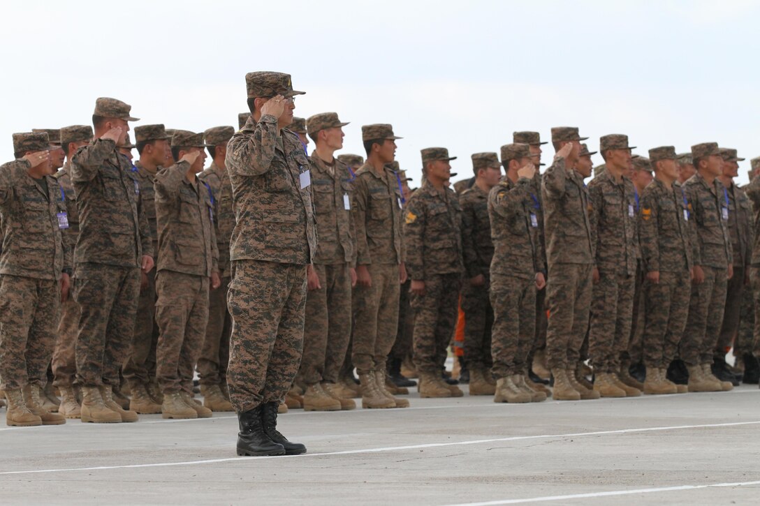 Mongolian Armed Forces soldiers salute during the opening ceremony of Exercise Khaan Quest in Five Hills Training Area, Mongolia, August 3, 2013. Khaan Quest is an annual multinational exercise sponsored by the U.S. and Mongolia, and it is designed to strengthen the capabilities of U.S., Mongolian and other nations’ forces in international peace support operations.