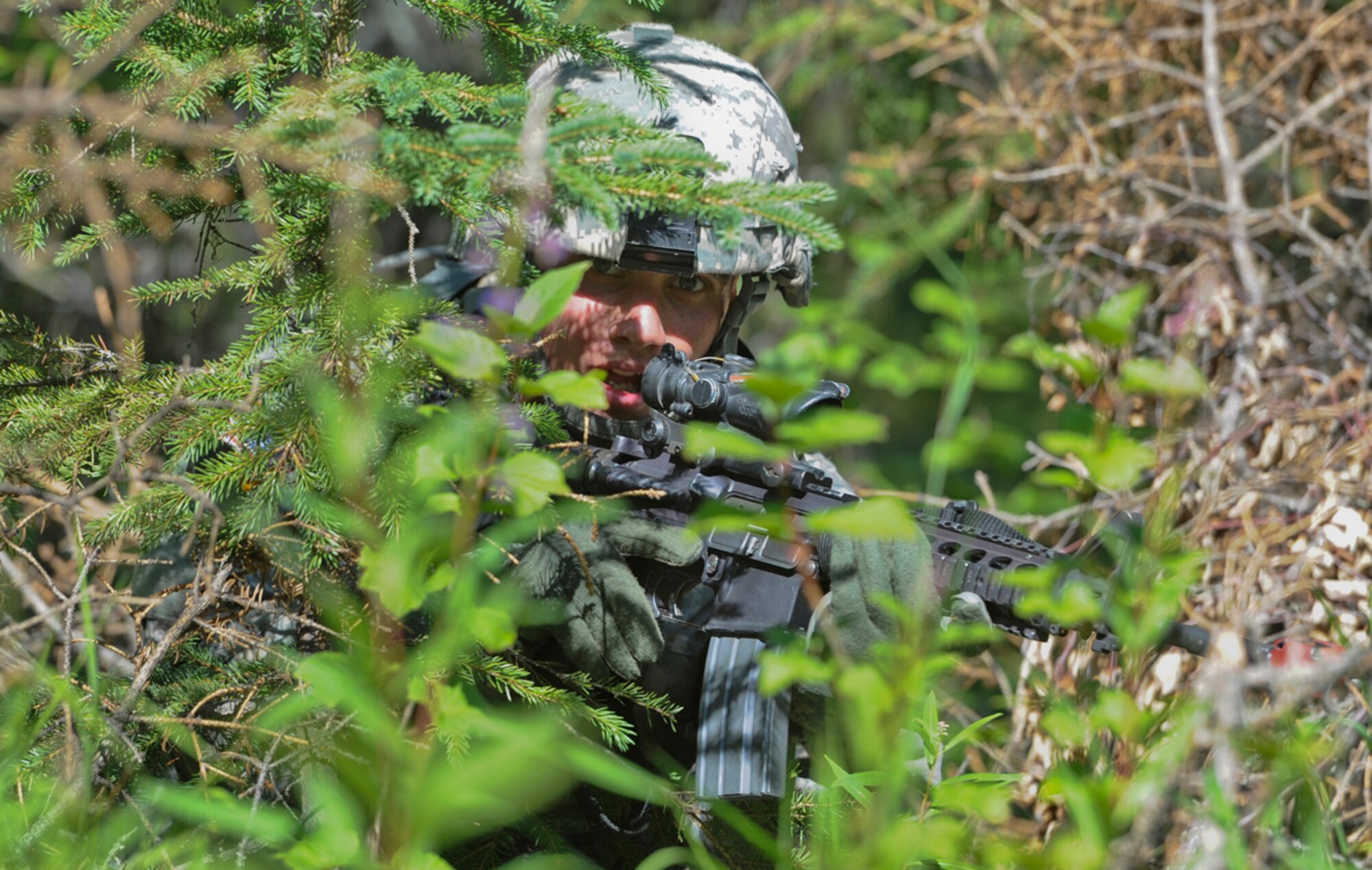 JOINT BASE ELMENDORF-RICHARDSON, Alaska -- Army Pfc. Eric Leow, a native of Laingsburg, Mich., assigned to the 164th Military Police Company, 2d Engineer Brigade, bounds forward in a three-to-five second rush while assualting an enemy position in a situational training exercise lane during team qualifications at Joint Base Elmendorf-Richardson, Wednesday, July 24, 2013.  The military police Soldiers trained on various team-based scenarios aimed at testing their abilities to adapt to rapidly changing situations under stressful physical and mental conditions.   (U.S. Air Force photo/Justin Connaher)
