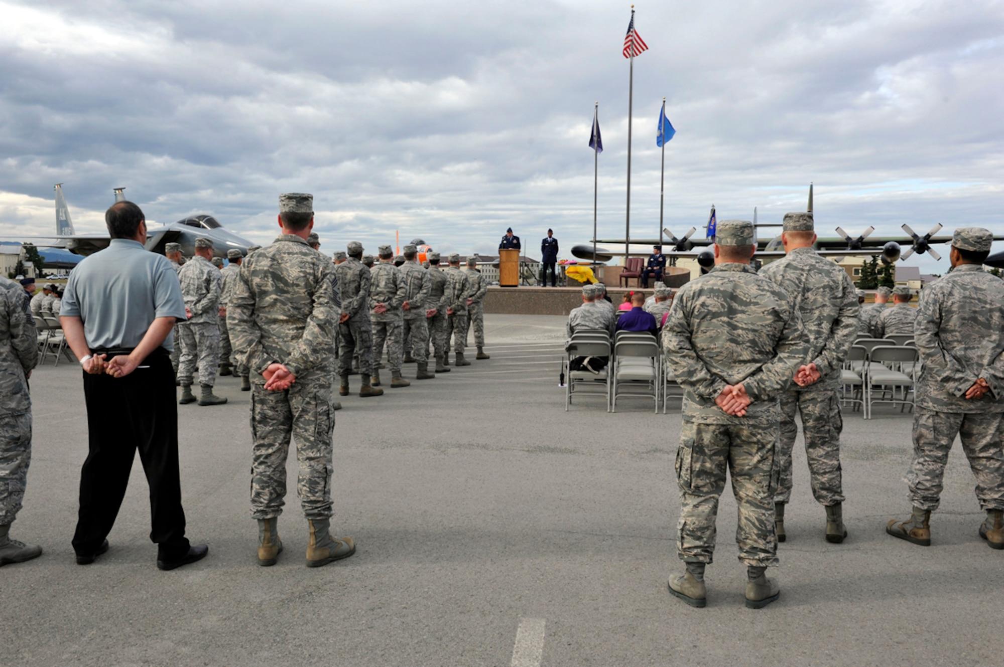 Alaska-- Members of the 3rd Maintenance Operations Squadron and 3rd Wing attended the inactivation ceremony of the 3rd MOS at Heritage Park on Aug. 5, 2013. The ceremony was held to commemorate the 3rd MOS and its redefinition as the 3rd Maintenance Operations Flight. (U.S. Air Force photo/Airman 1st Class Tammie Ramsouer)
