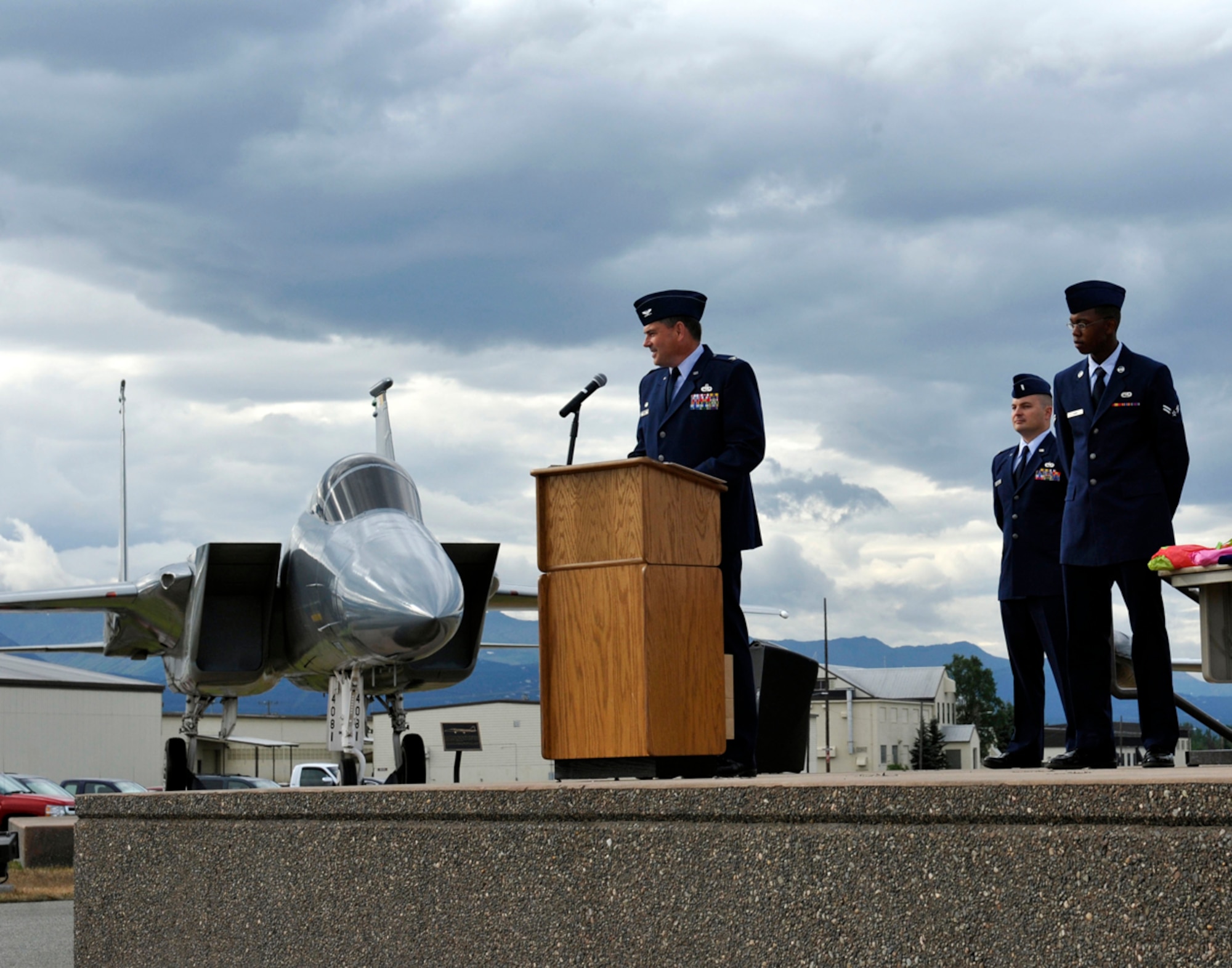 Alaska-- Air Force Col. David Stimac, 3rd Maintenance Group commander, explains the importance of the 3rd Maintenance Operations Squadron during the inactivation ceremony at Heritage Park Aug. 5, 2013. The ceremony was held to commemorate how long the 3rd MOS has been part of the 3rd Wing. (U.S. Air Force photo/Airman 1st Class Tammie Ramsouer)

