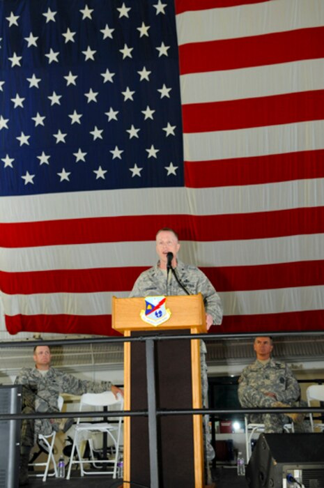 Brig. Gen. Kenneth L. Gammon, Chief of Staff Air, speaks to 1400 members of the Utah Air National Guard about sexual assualt in the Air Force at the Utah Air National Guard's annual Wingman day on August 4, 2013 at the Utah Air National Guard Base in Salt lake City Utah. (U.S. Air Force photoby TSgt. Jeremy Giacoletto-Stegall)(RELEASED)